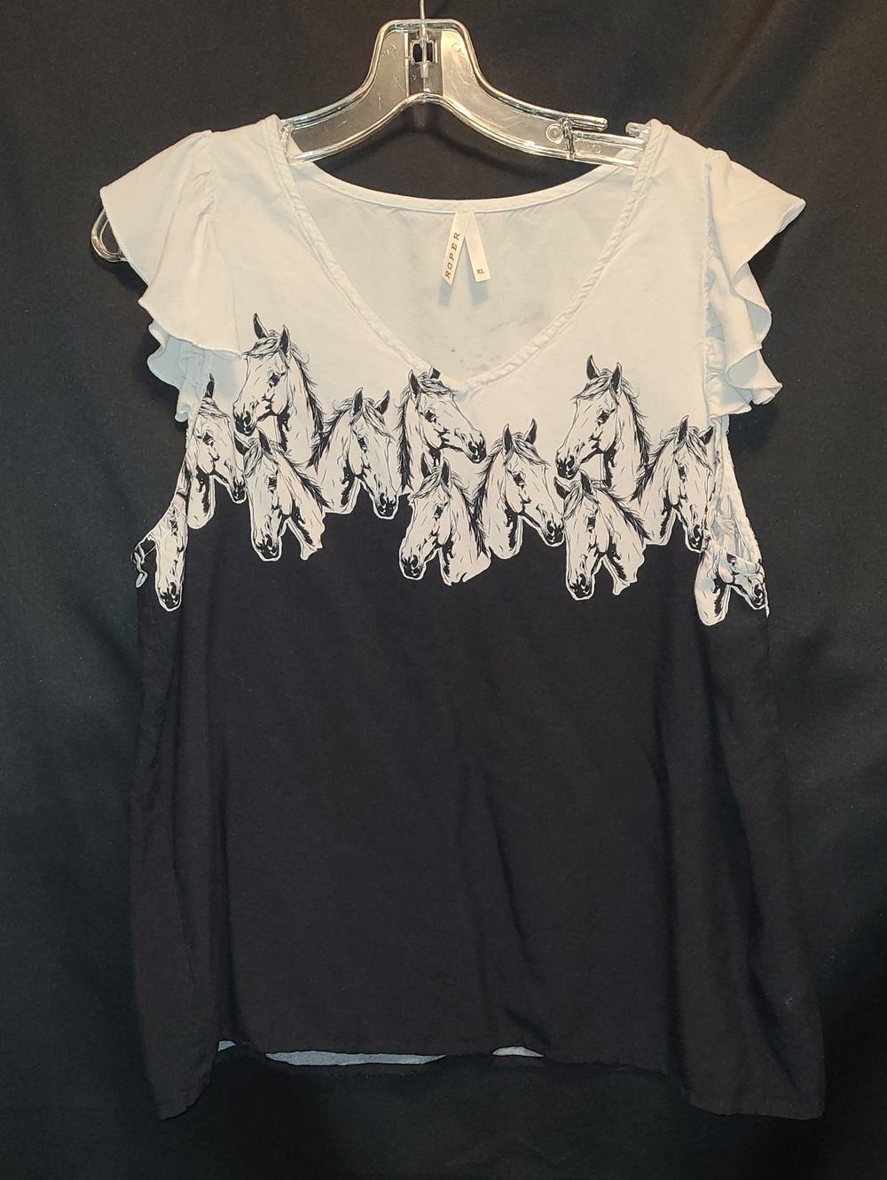 Roper Horse-Print Ruffle Sleeve V-Neck Top - White & Black SIZE XL
